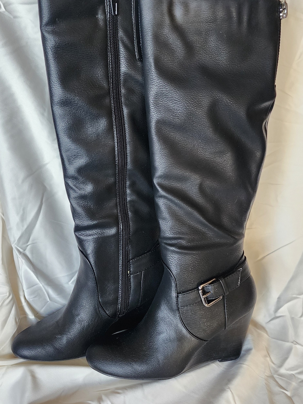 Women’s Black Wedge Knee-High Boots with Buckle Detail
